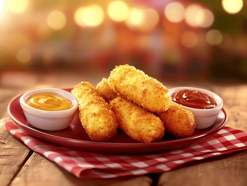 Crispy air-fried corn dogs served with dipping sauces.