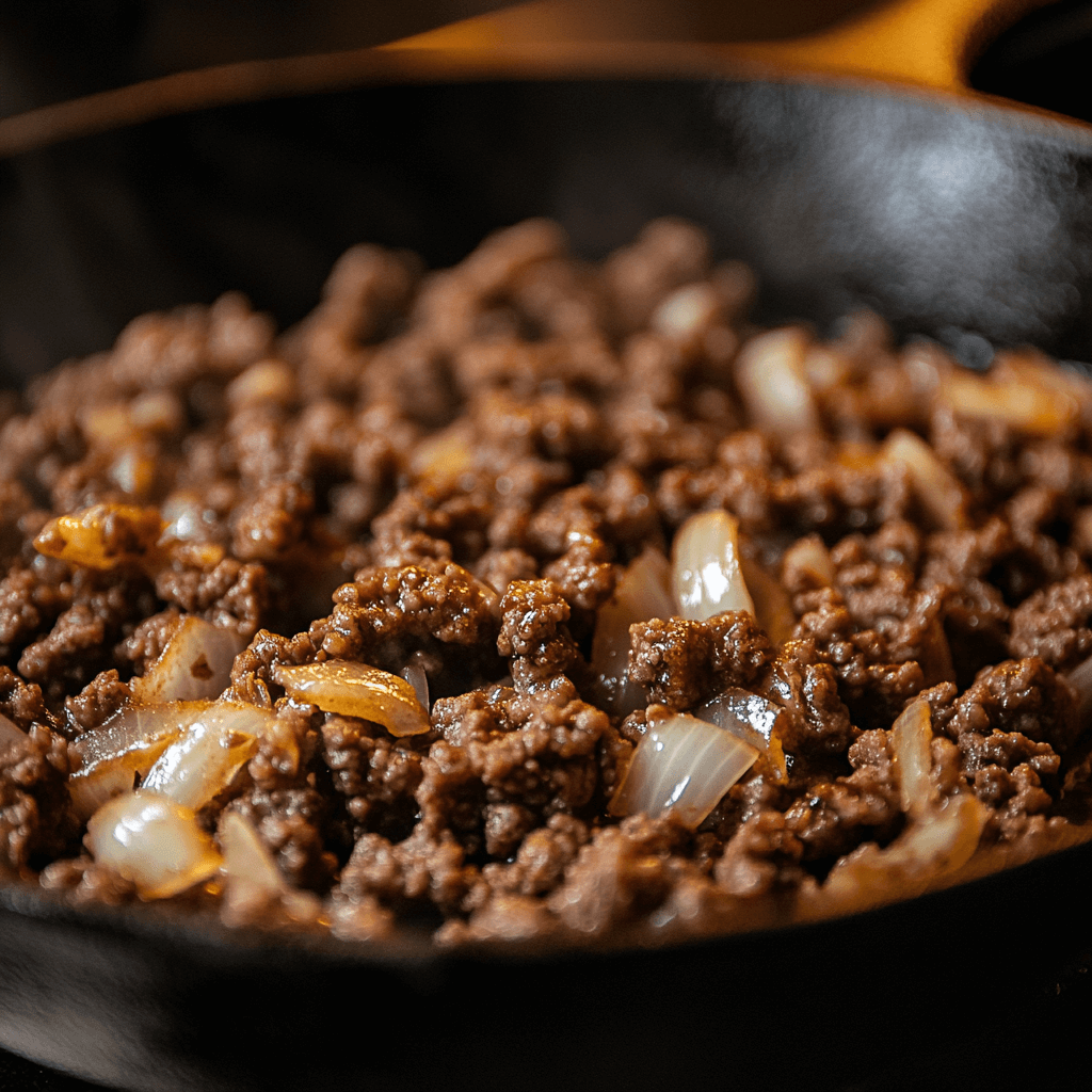 Ground beef and onions cooking in a skillet.