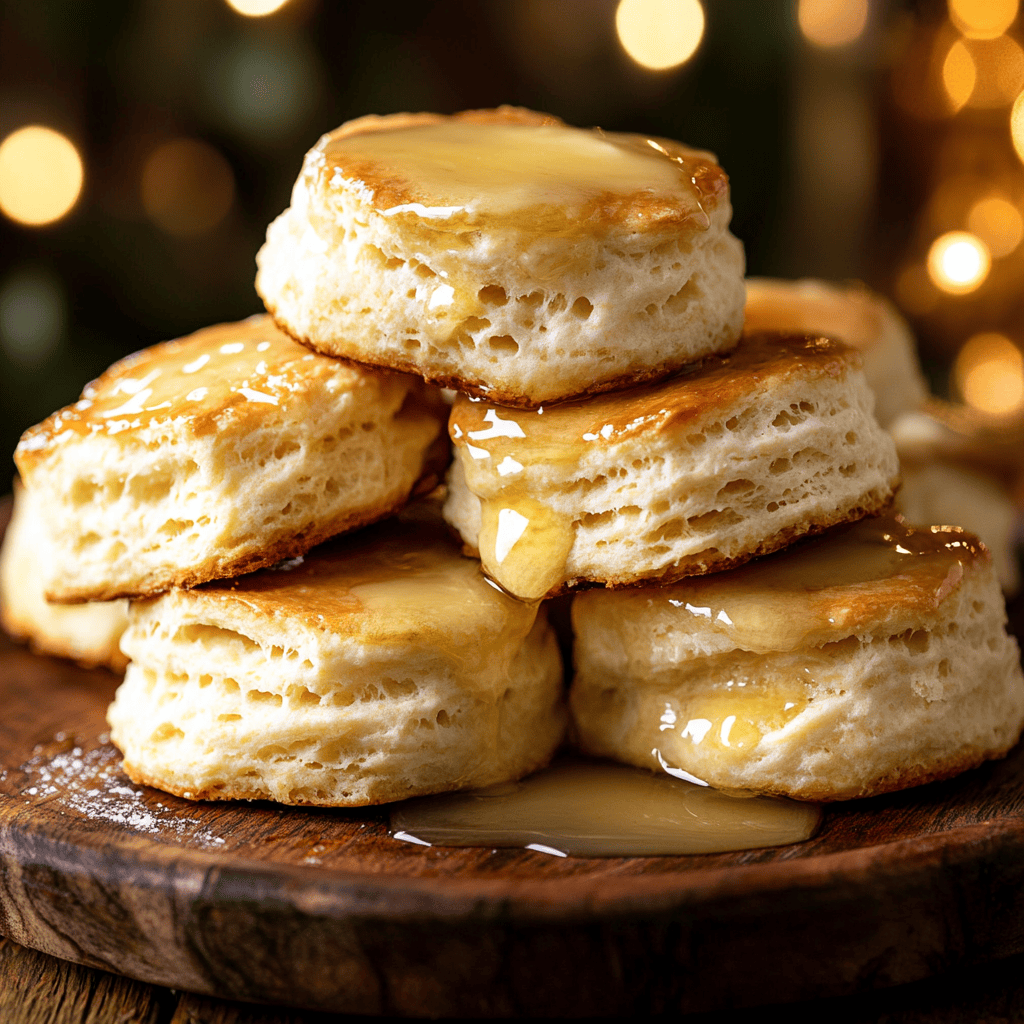 Flaky Butter Buttermilk Biscuits Stacked on a Plate