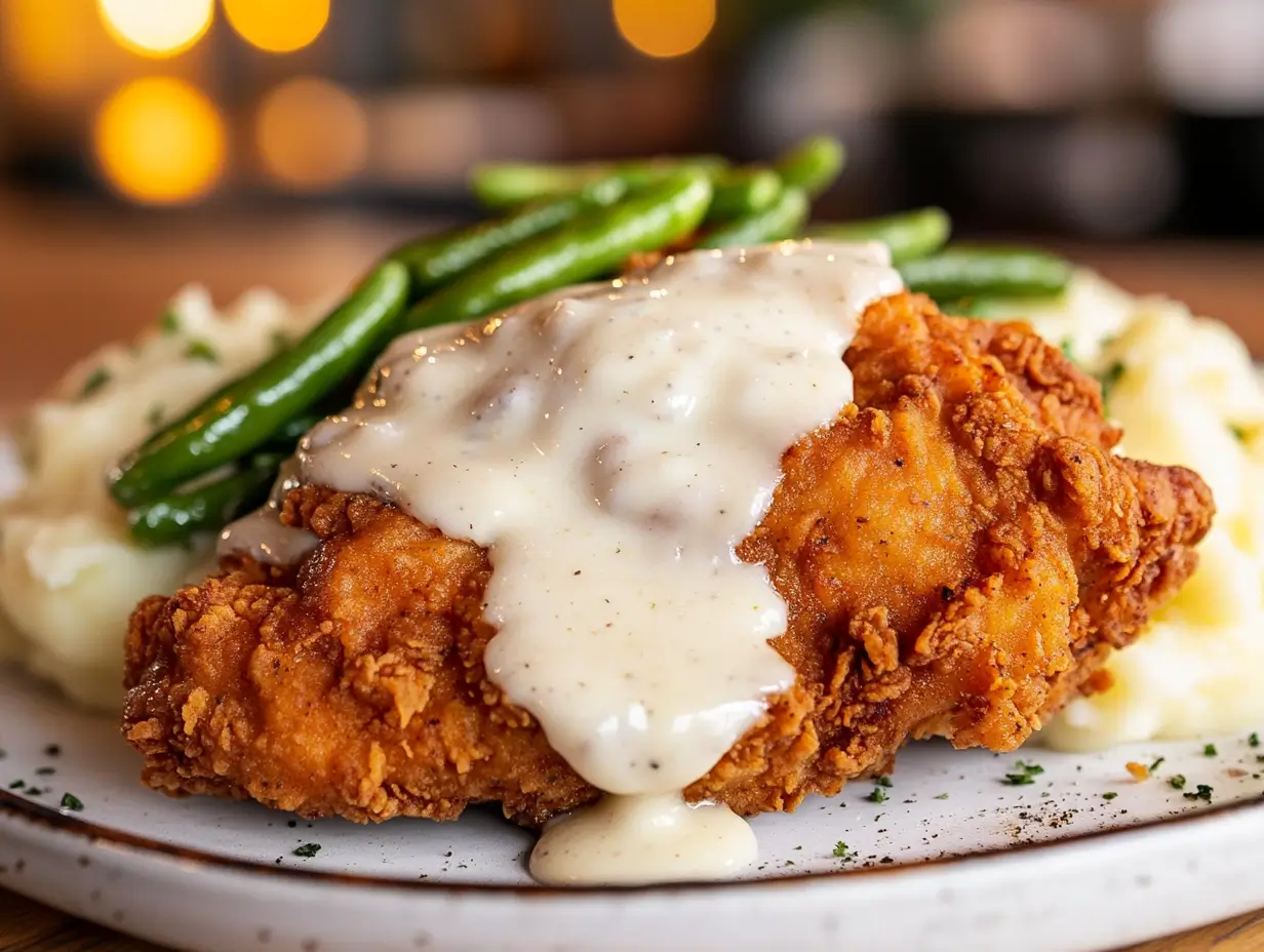 Crispy chicken fried chicken smothered in white gravy