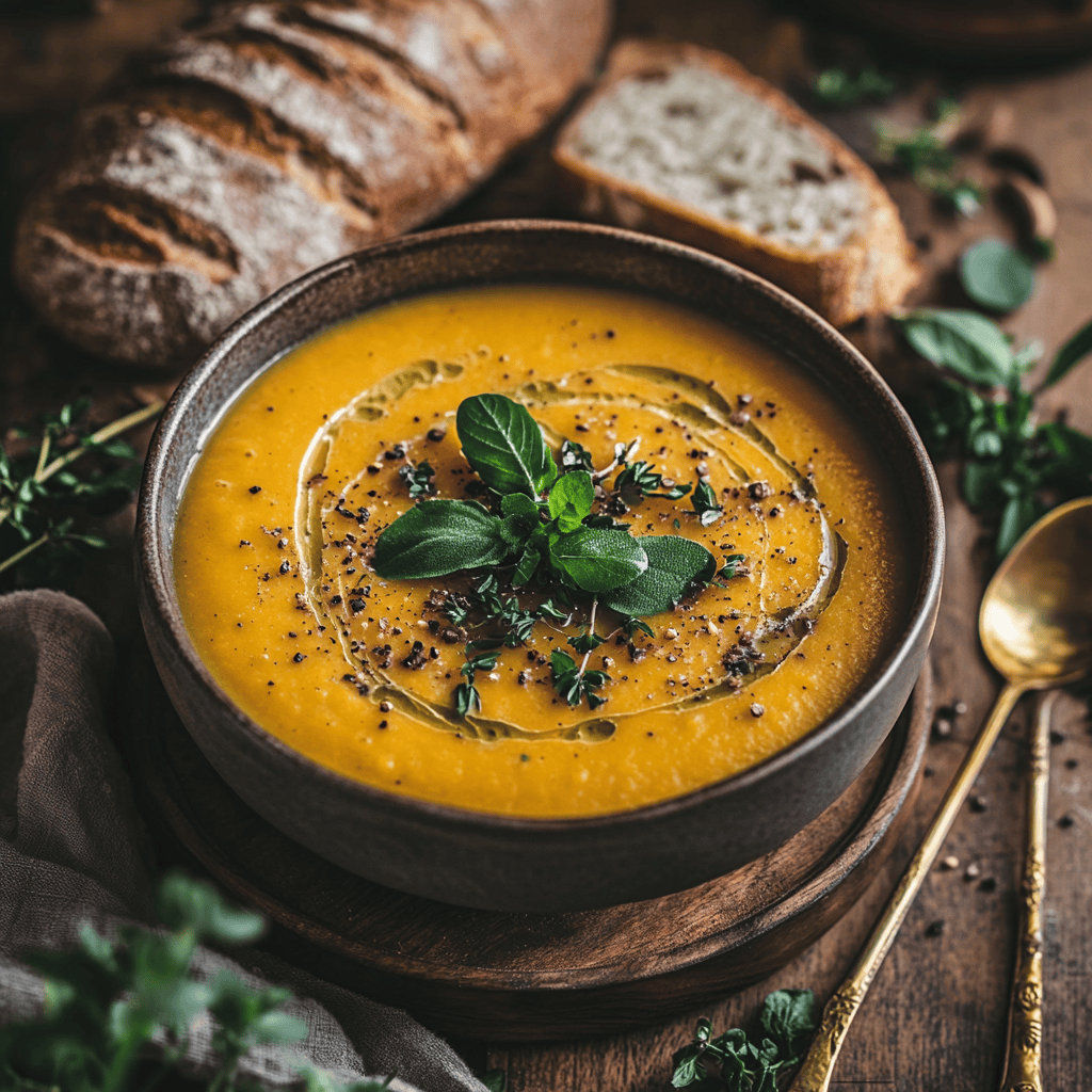 Creamy butternut squash soup in a cozy kitchen setting