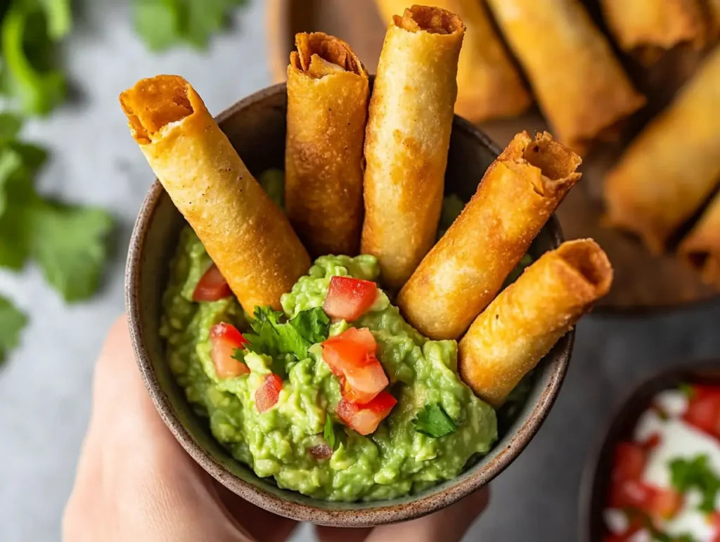 Crispy taquito being dipped into fresh guacamole.