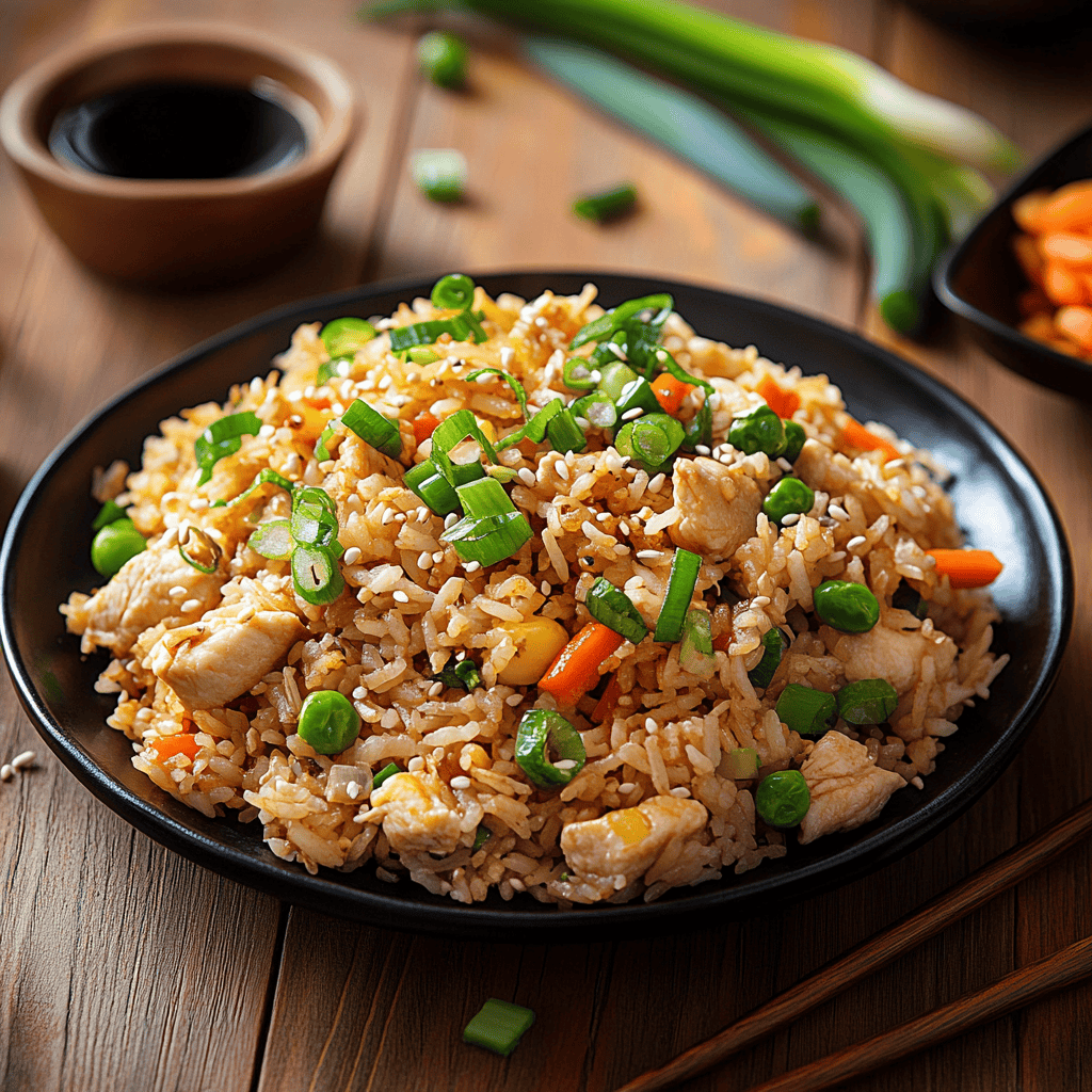 Top-down view of a plate of easy chicken fried rice garnished with green onions and sesame seeds