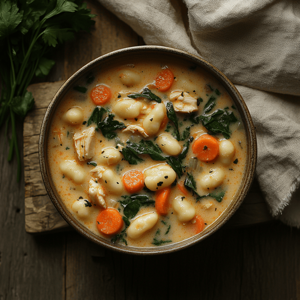 Bowl of easy chicken gnocchi soup with tender chicken, soft gnocchi, and vibrant vegetables.