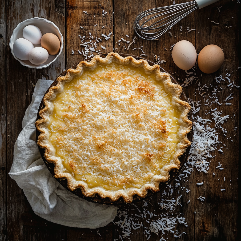 A slice of French Coconut Pie with whipped cream.