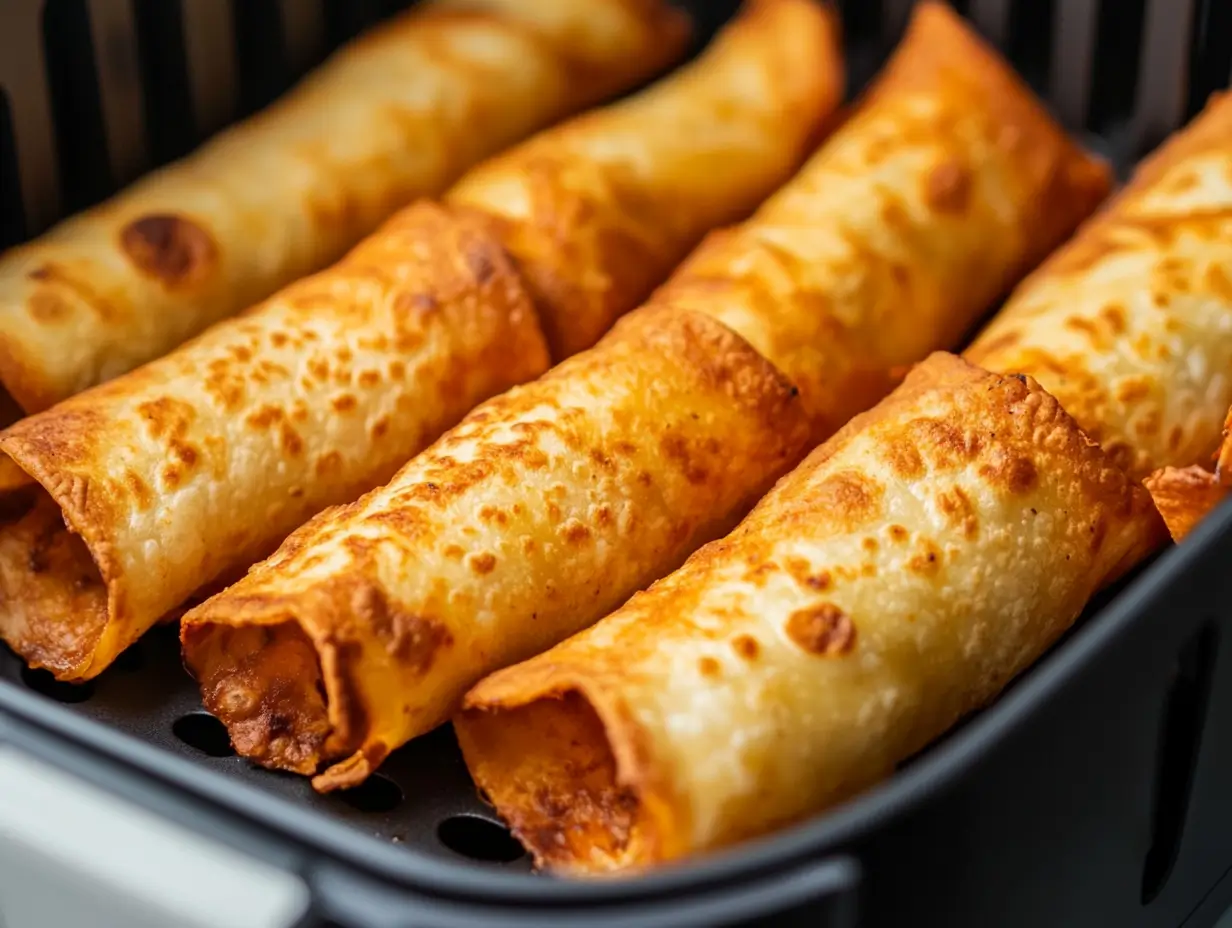 Crispy frozen taquitos cooking in an air fryer basket