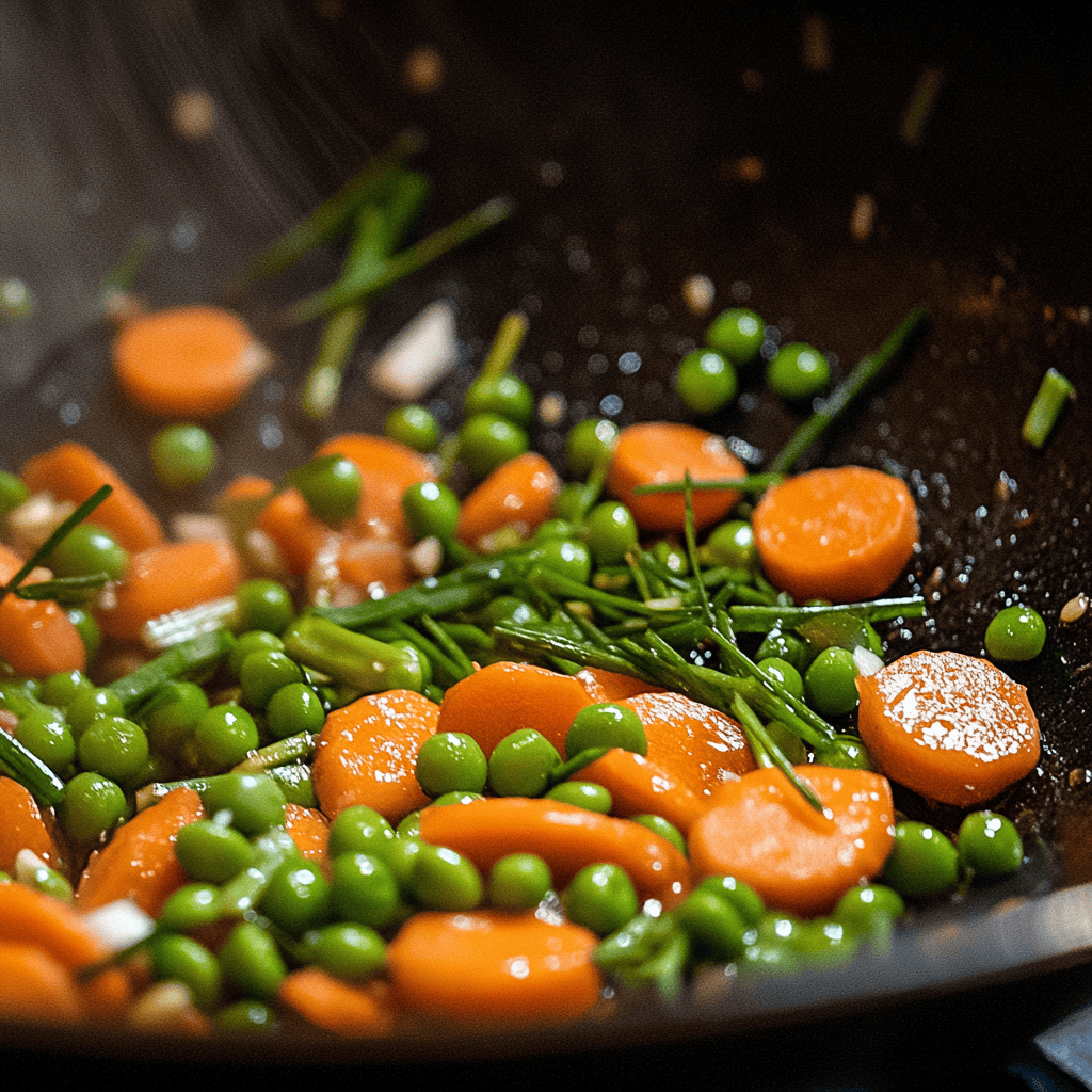 Close-up of vegetables sautéed in a wok for easy chicken fried rice.