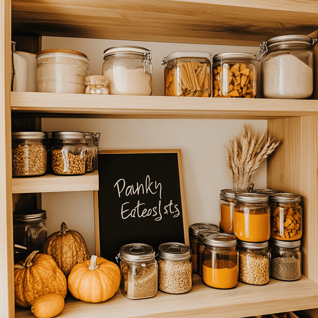 Pantry shelf with canned butternut squash and essentials