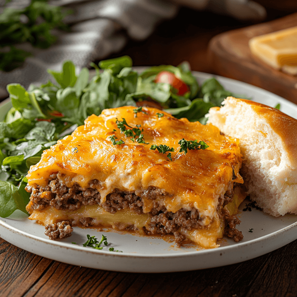 A plated serving of hamburger hashbrown casserole with salad.