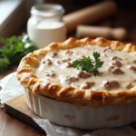 Rustic Sausage Gravy and Biscuit Pie Freshly Baked