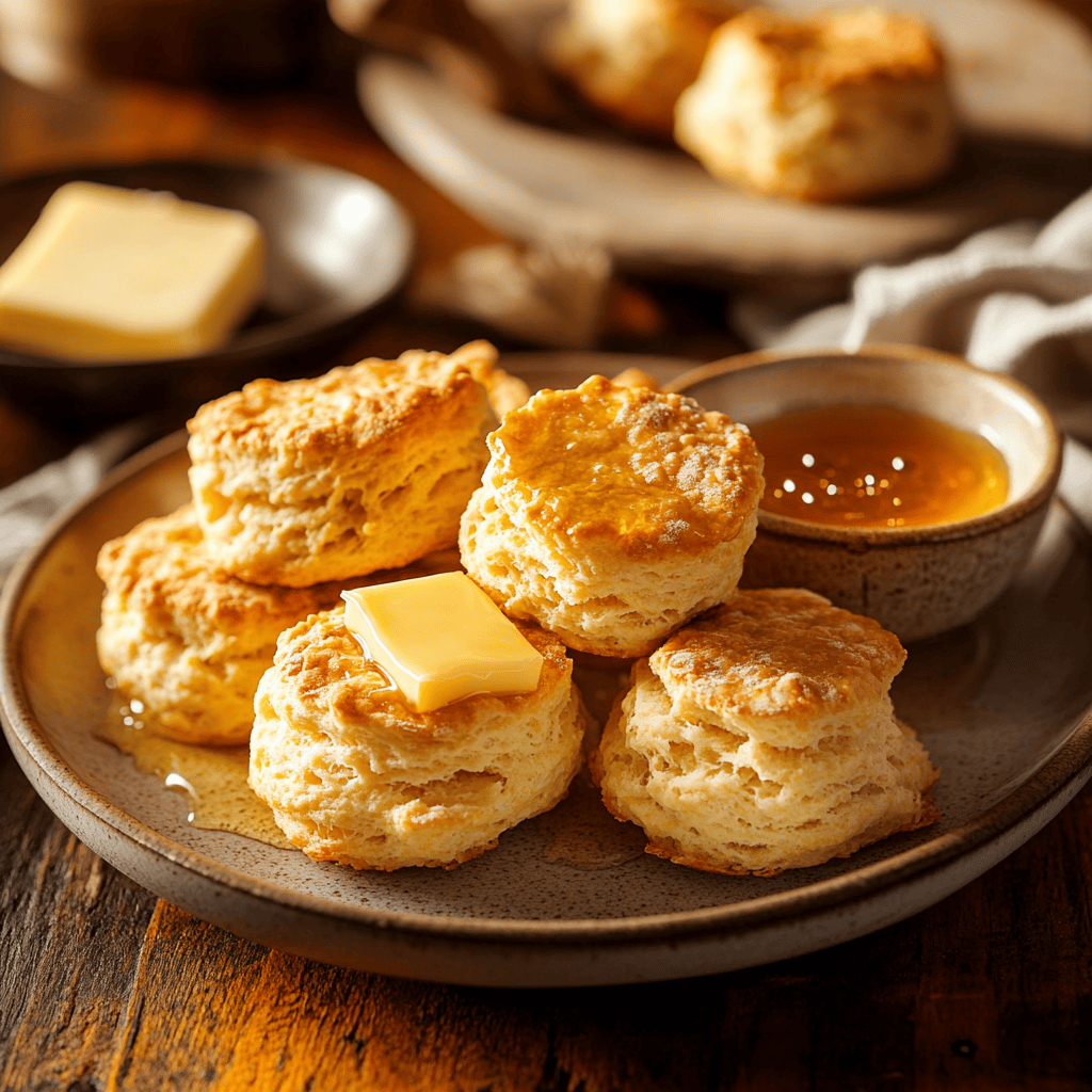 Freshly Baked Butter Buttermilk Biscuits with Honey and Butter