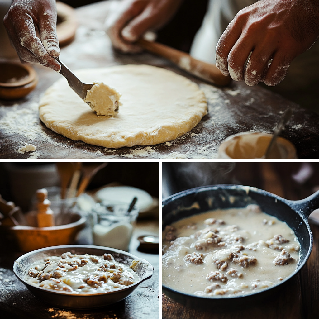 Preparing Sausage Gravy and Biscuit Pie Step-by-Step