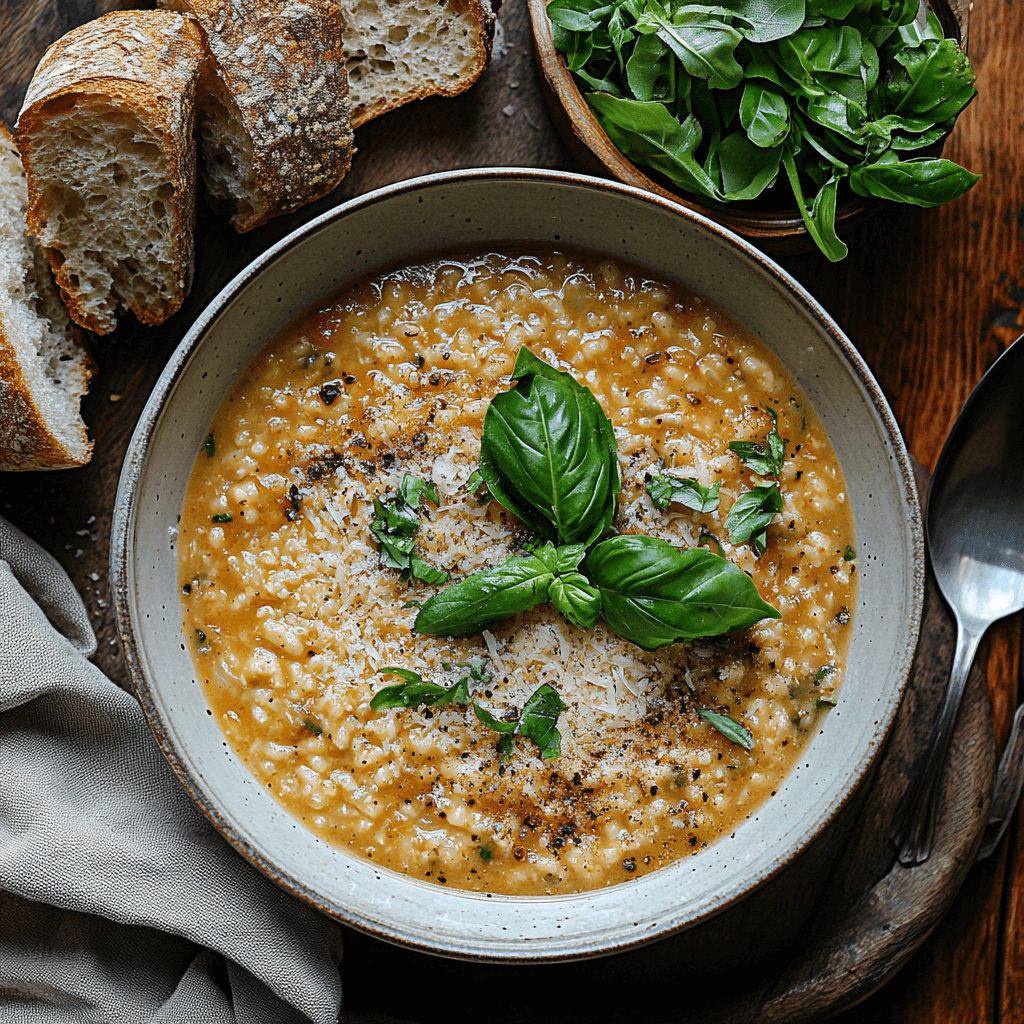 A bowl of pastina soup with bread and a fresh salad.