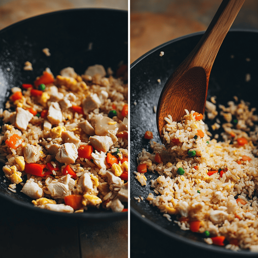 Step-by-step process of making easy chicken fried rice in a wok