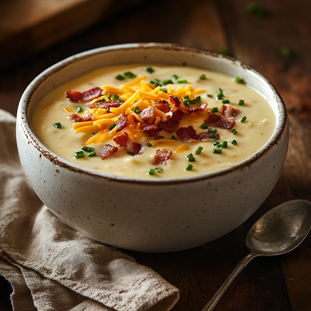 Creamy potato soup garnished with bacon, cheese, and chives in a cozy setting