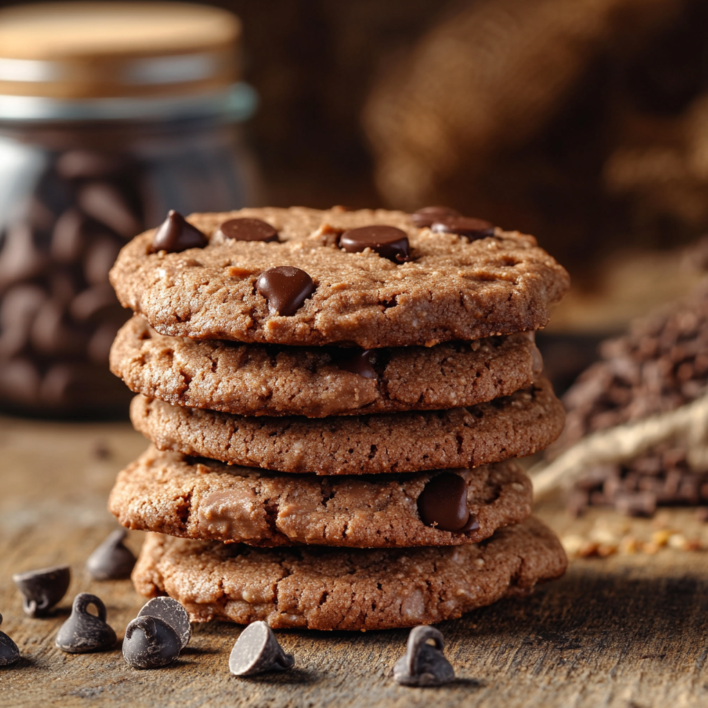 Stack of chocolate peanut butter protein cookies on a rustic table