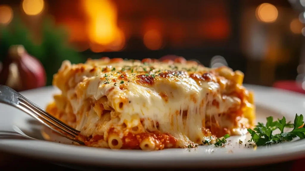 A plated serving of Five Cheese Ziti Al Forno with gooey cheese