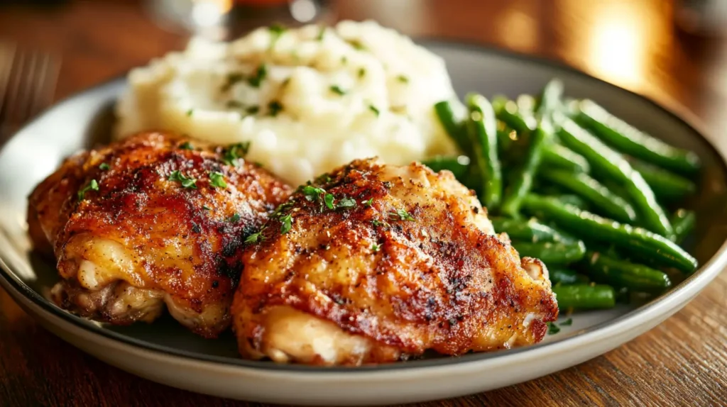 Crispy air-fried chicken thighs served with mashed potatoes