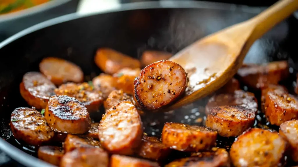 Andouille sausage cooking in a skillet with Cajun seasoning.