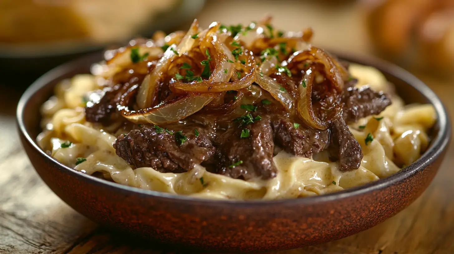 French onion beef and noodles in a rustic bowl topped with cheese.