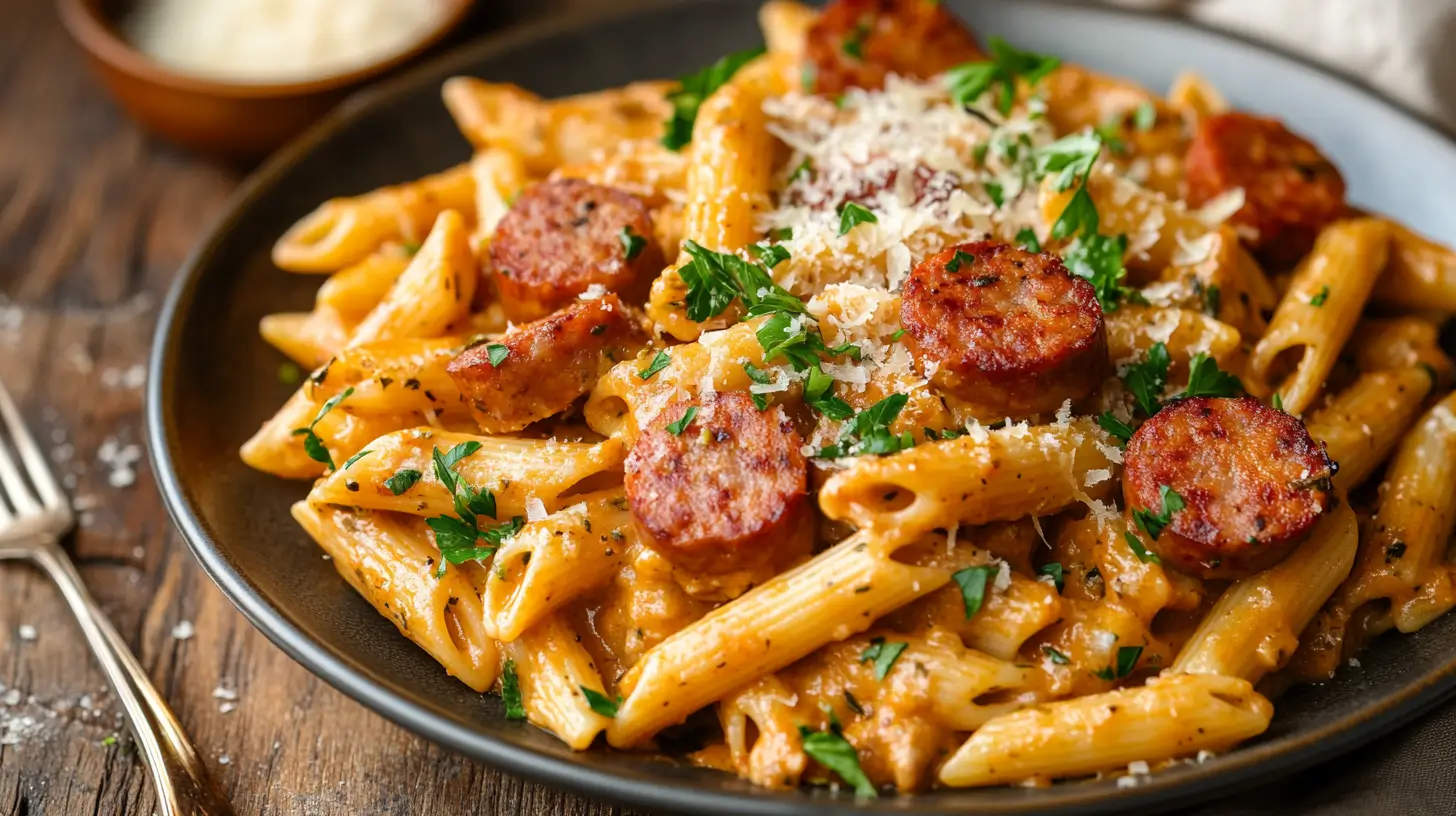 A creamy bowl of sausage Cajun pasta with andouille sausage.