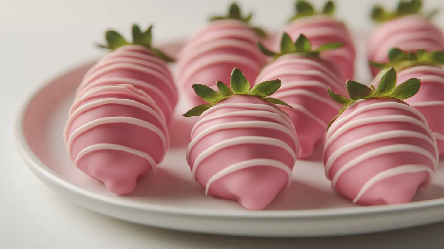 Pink chocolate-covered strawberries on a white plate with