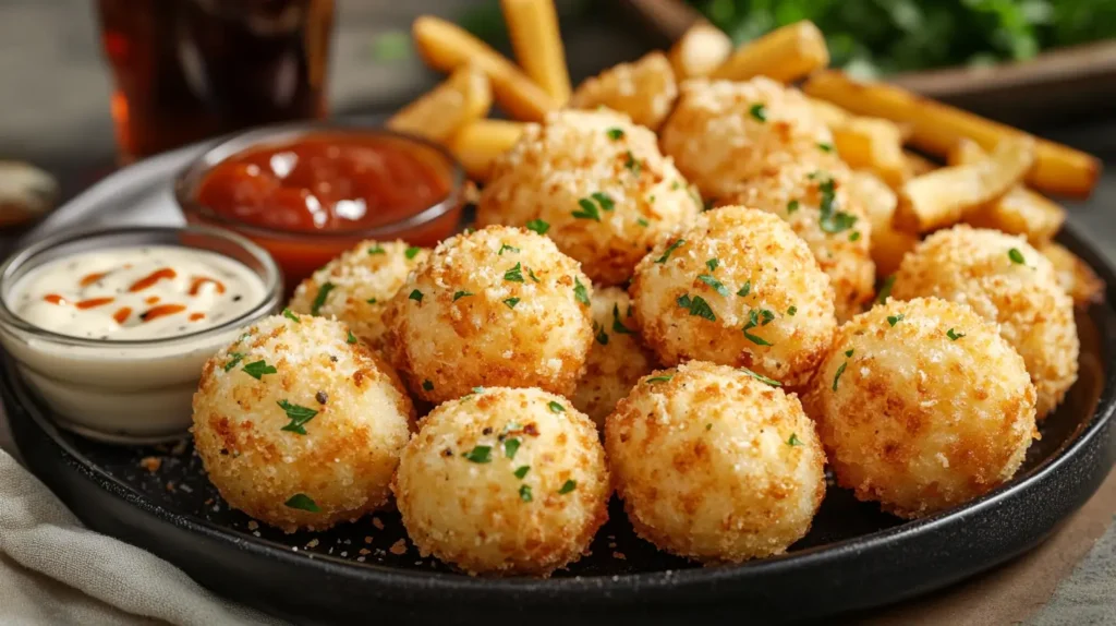 Garlic Parmesan cheeseburger bombs served with dipping sauces.