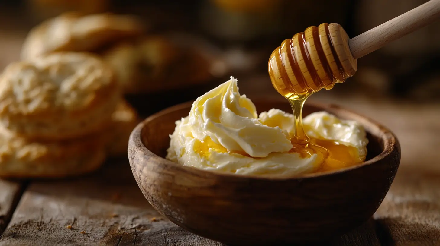 A bowl of whipped honey butter with honey drizzled on top.