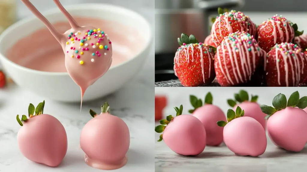 Step-by-step guide to making pink chocolate-covered strawberries.