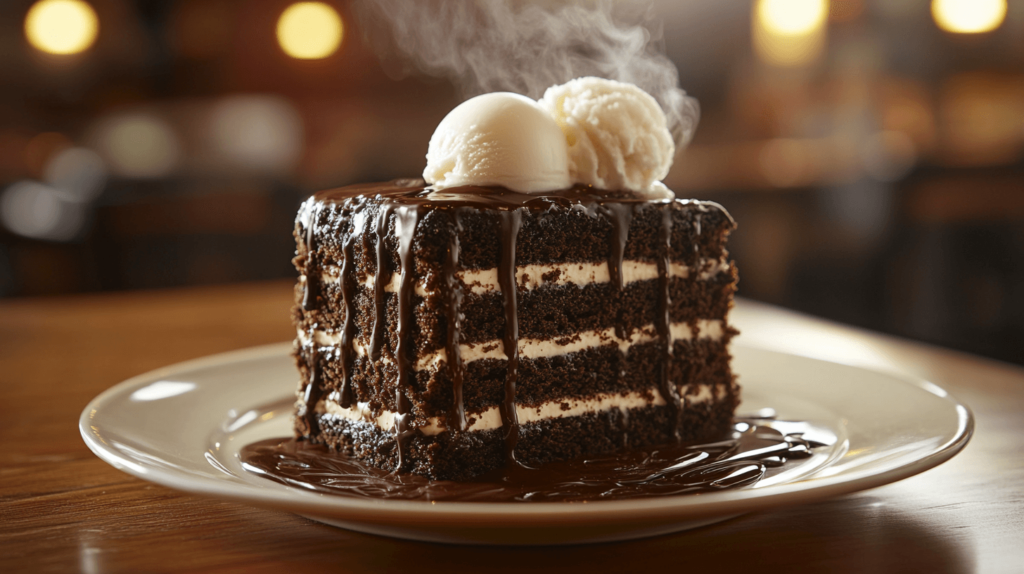 A decadent Chocolate Stampede dessert from LongHorn Steakhouse with fudge and vanilla ice cream.