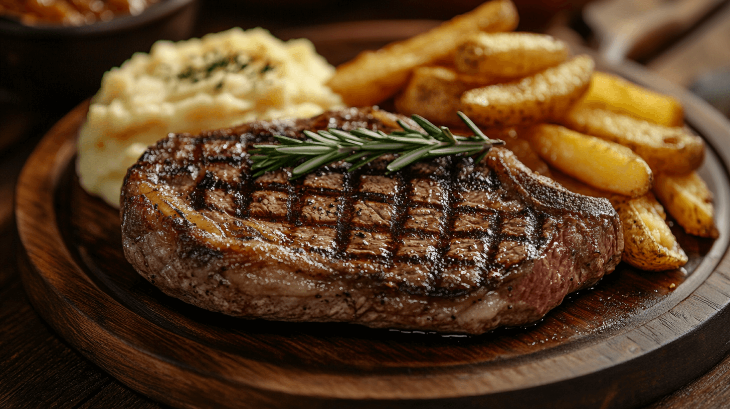 Juicy grilled ribeye steak from LongHorn Steakhouse with mashed potatoes and fries.