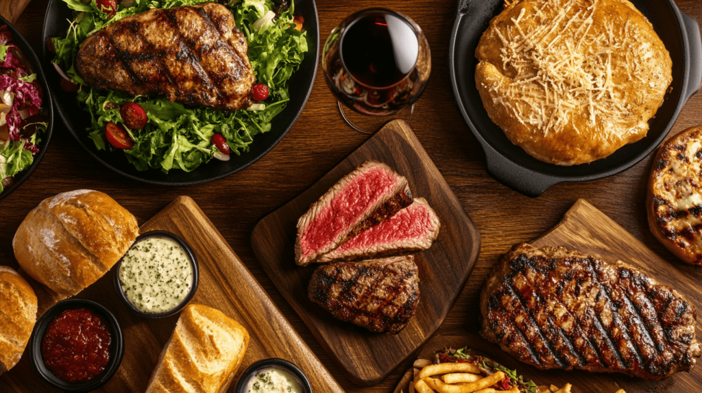 A table spread of LongHorn Steakhouse’s signature steaks and chicken dishes.