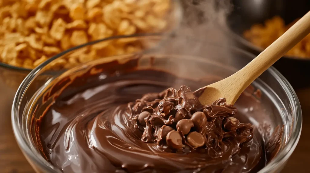 Melted chocolate and peanut butter being stirred in a glass bowl.