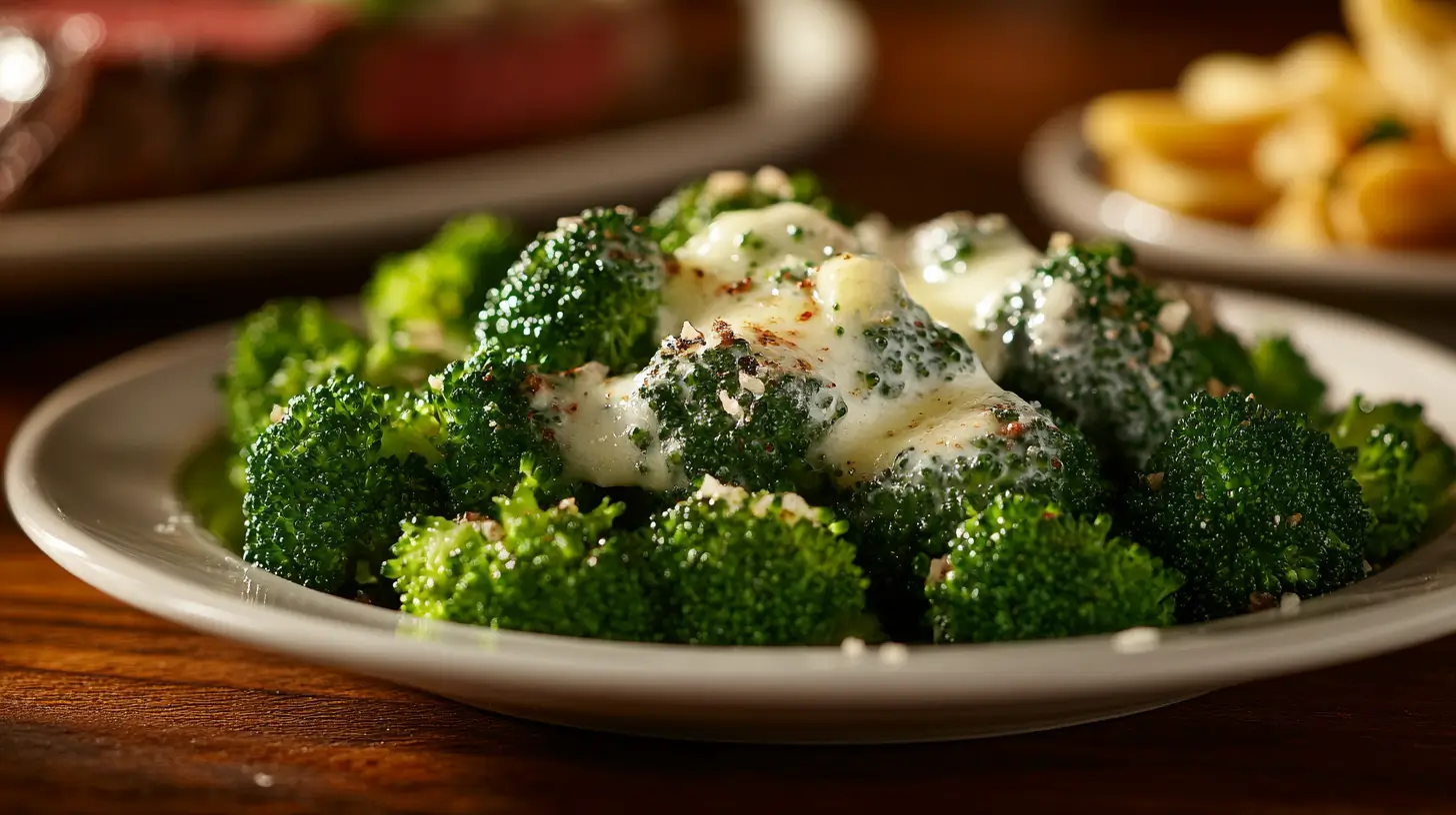 Steamed broccoli with butter and garlic seasoning served next to a grilled steak.