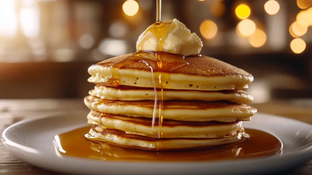 A stack of pancakes topped with melting whipped honey butter.