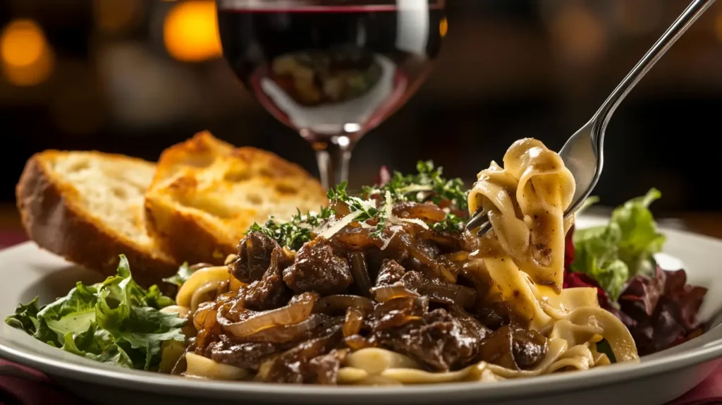 French onion beef and noodles served with garlic bread and salad