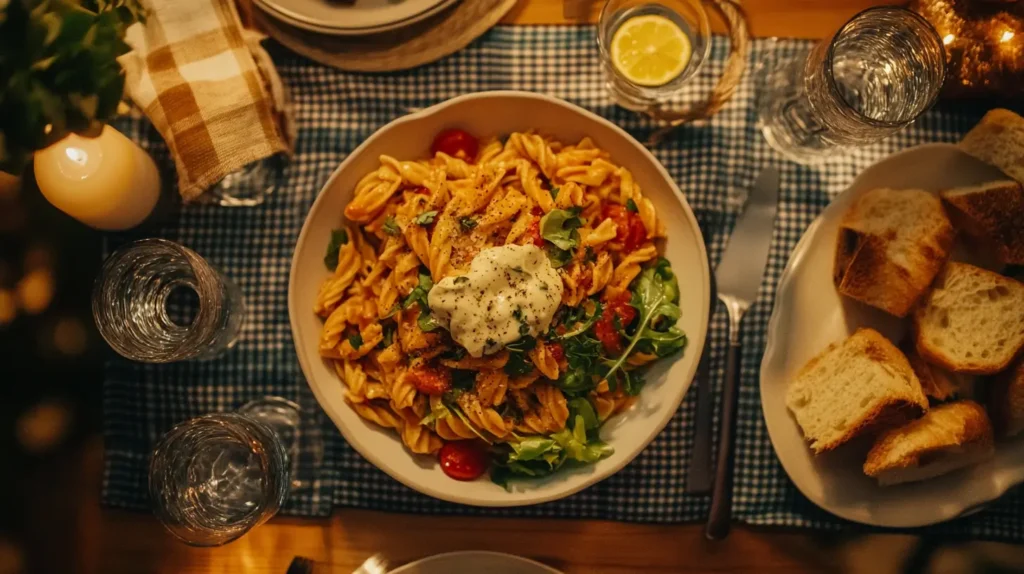 A full meal with Rotel pasta, garlic bread, and a fresh salad.