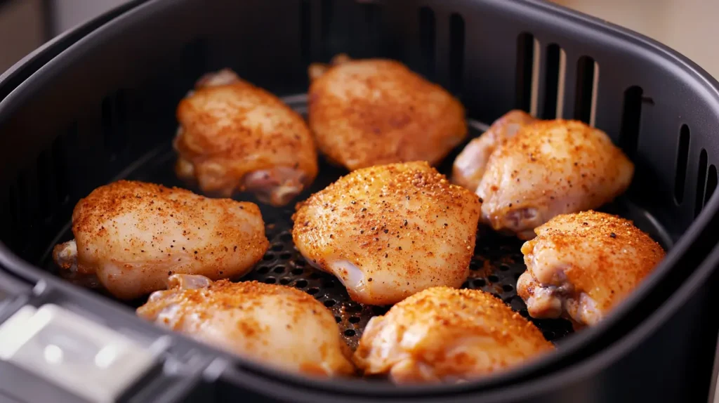 Frozen chicken thighs placed inside an air fryer for cooking