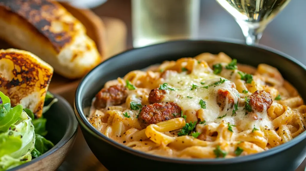 A plated sausage Cajun pasta meal with garlic bread and salad.