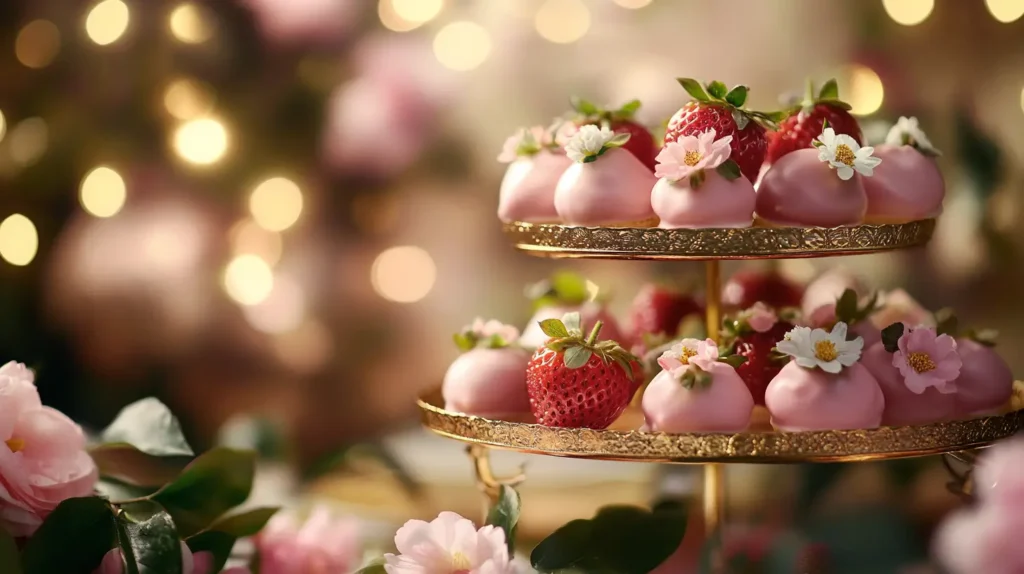 Elegant display of pink chocolate-covered strawberries on a gold dessert stand.