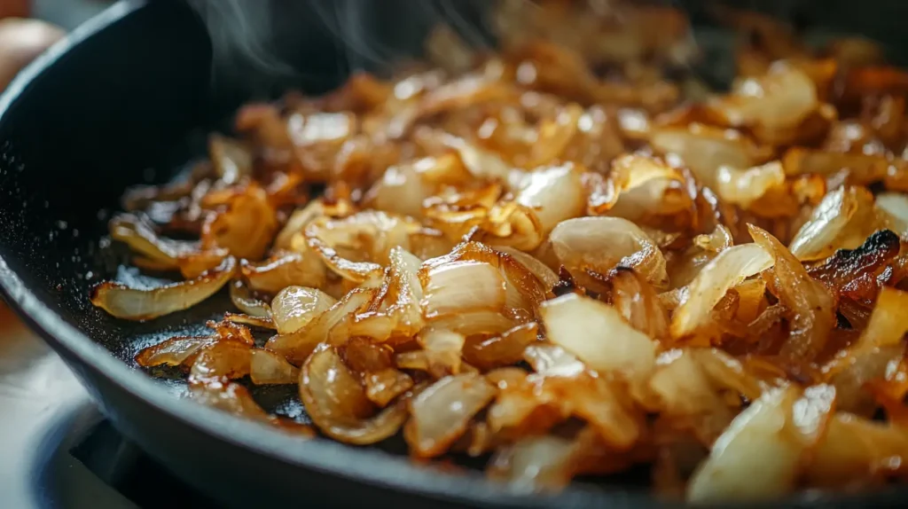 Caramelized onions cooking in a cast iron skillet.