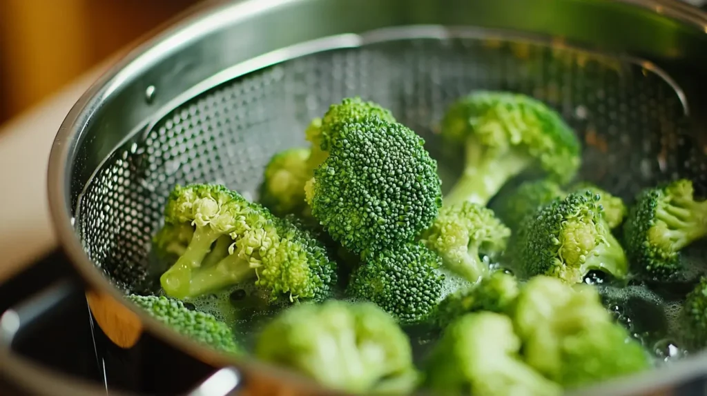 Fresh broccoli steaming in a stainless-steel steamer basket over a pot.