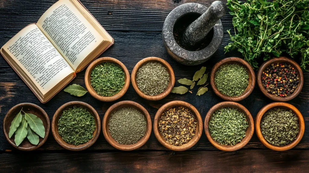 Assorted dried herbs for chicken soup on a wooden table.