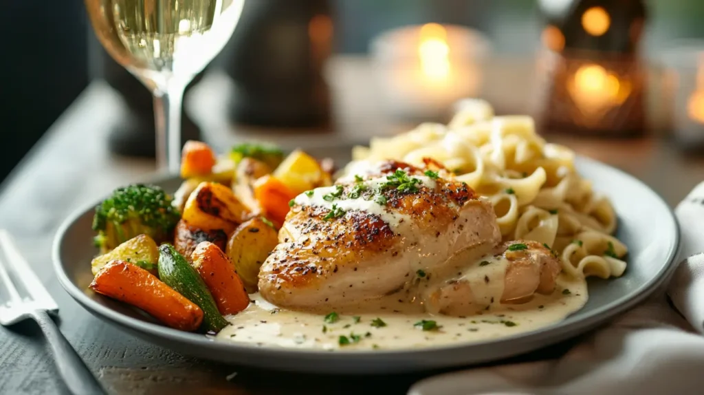 Company Chicken served with buttered noodles and vegetables.