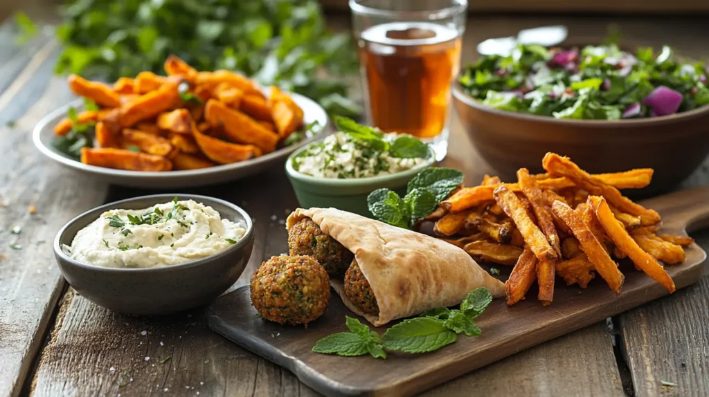 Spicy Falafel Pocket served with hummus, sweet potato fries, and iced mint tea.