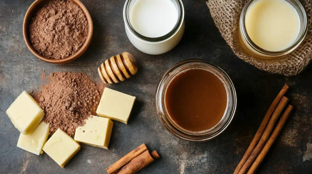 Ingredients for making Bone Broth Hot Chocolate, including cocoa, milk, and collagen.Ingredients for making Bone Broth Hot Chocolate, including cocoa, milk, and collagen.