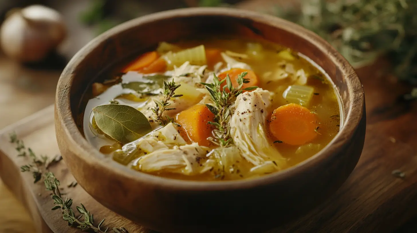 Steaming bowl of chicken soup with dried herbs