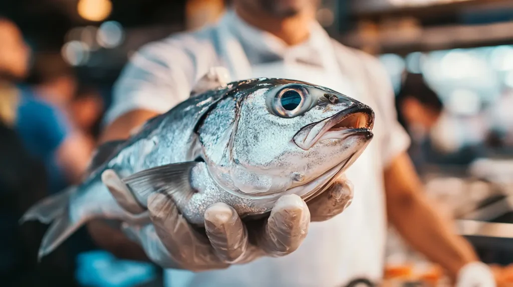 A seafood vendor showcasing a fresh fish with clear eyes