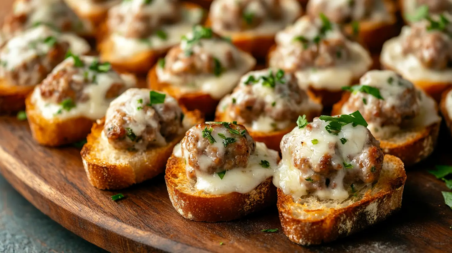 Hanky Panky appetizers on a wooden platter with cheese and sausage topping