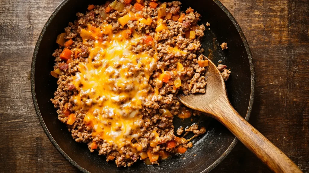 Skillet with sizzling sausage, ground beef, and melting cheese for Hanky Panky appetizers